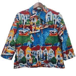 KAKTUS Women’s Multicolored Denim City Boats Jacket Button Up Pockets Size L